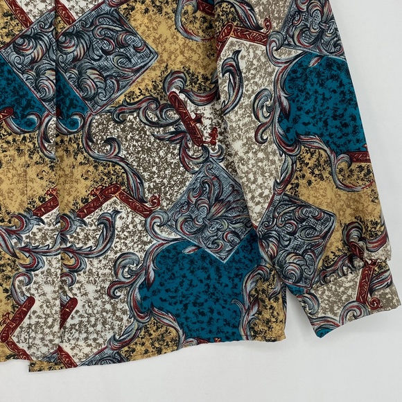 Classic Collection Womens Size 12 Vintage Button Up Blouse Teal Beige Red Print - Picture 2 of 9